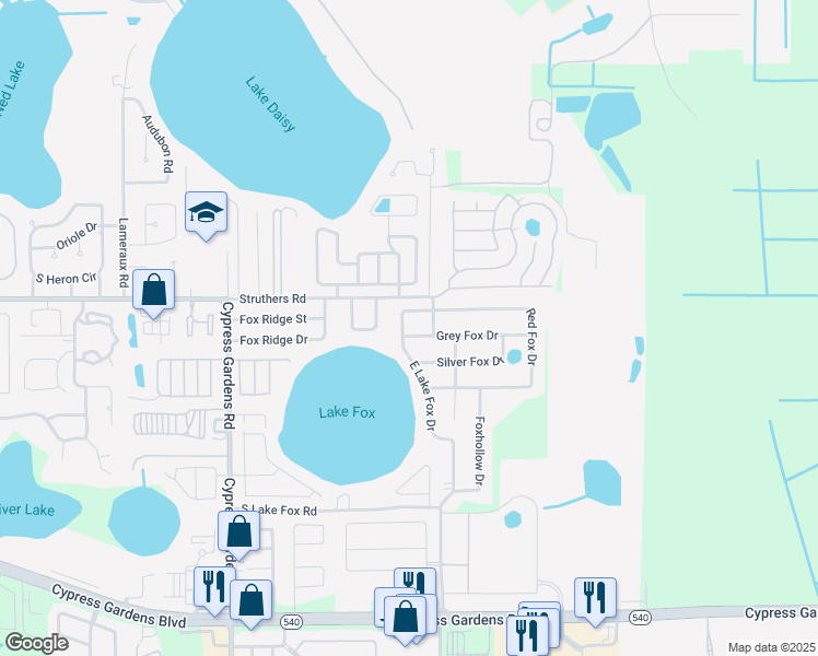 map of restaurants, bars, coffee shops, grocery stores, and more near 5901 Grey Fox Drive in Winter Haven
