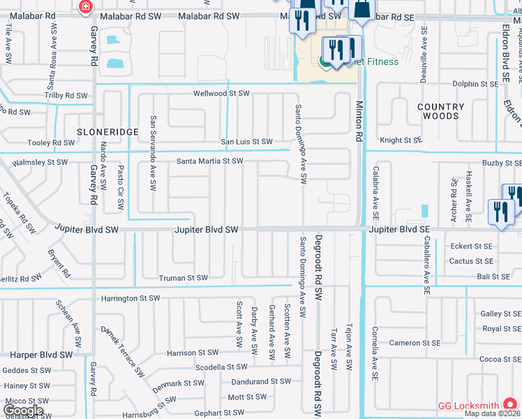 map of restaurants, bars, coffee shops, grocery stores, and more near 481 Saragassa Avenue in Palm Bay