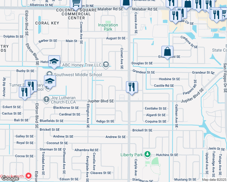 map of restaurants, bars, coffee shops, grocery stores, and more near 466 Alesio Avenue Southeast in Palm Bay