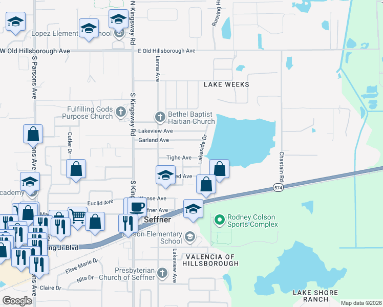 map of restaurants, bars, coffee shops, grocery stores, and more near 510 Tighe Avenue in Seffner