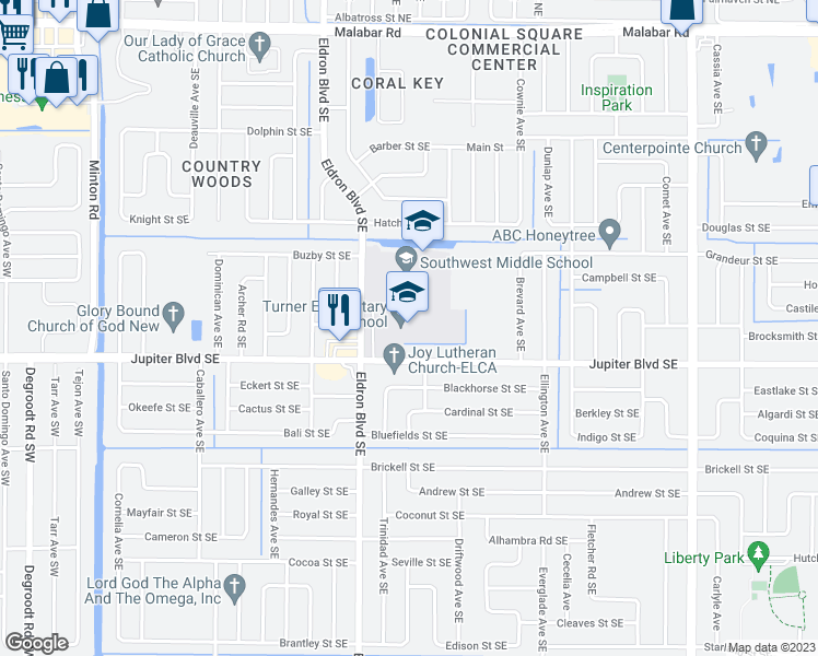map of restaurants, bars, coffee shops, grocery stores, and more near 3175 Jupiter Boulevard Southeast in Palm Bay
