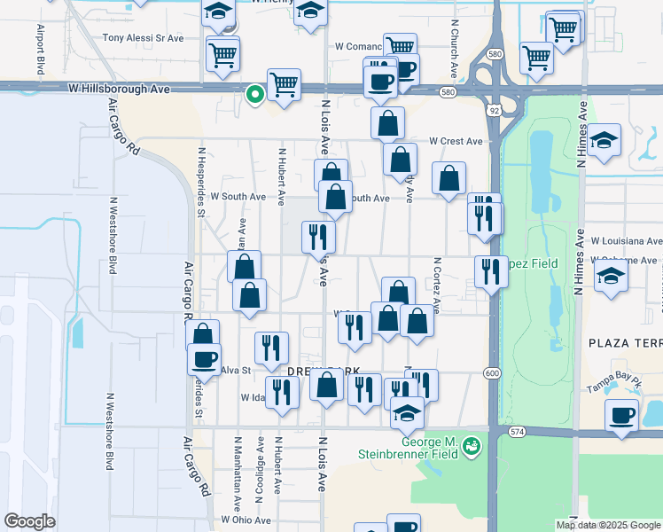 map of restaurants, bars, coffee shops, grocery stores, and more near 4725 North Lois Avenue in Tampa