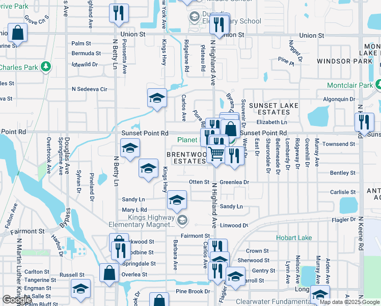 map of restaurants, bars, coffee shops, grocery stores, and more near 1438 Thames Lane in Clearwater