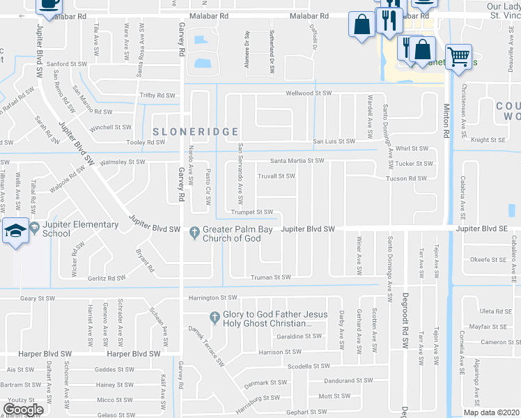 map of restaurants, bars, coffee shops, grocery stores, and more near 497 Wiltshire Avenue Southwest in Palm Bay