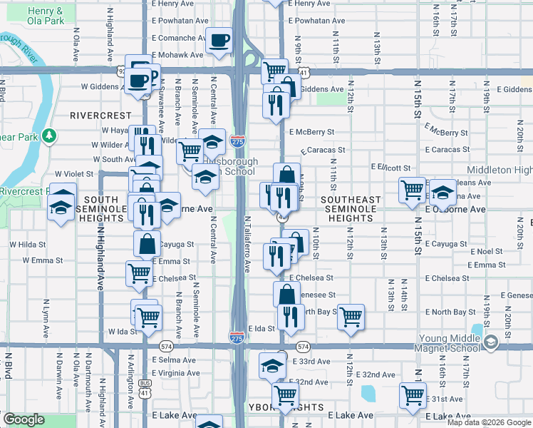 map of restaurants, bars, coffee shops, grocery stores, and more near 815 East Osborne Avenue in Tampa
