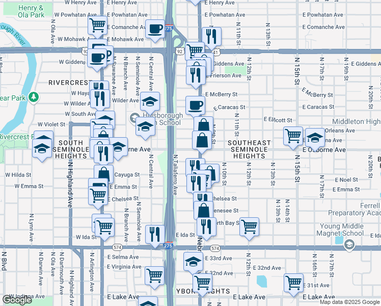 map of restaurants, bars, coffee shops, grocery stores, and more near 815 East Osborne Avenue in Tampa