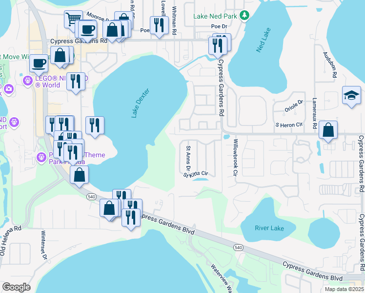 map of restaurants, bars, coffee shops, grocery stores, and more near 43 Saint Kitts Circle in Winter Haven