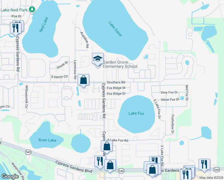 map of restaurants, bars, coffee shops, grocery stores, and more near 3408 Fox Ridge Street in Winter Haven