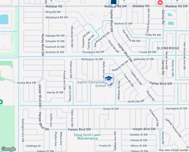 map of restaurants, bars, coffee shops, grocery stores, and more near 481 Tuloma Avenue Southwest in Palm Bay