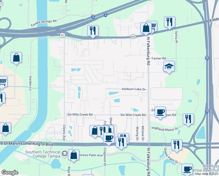 map of restaurants, bars, coffee shops, grocery stores, and more near 9824 Ashburn Lake Drive in Tampa