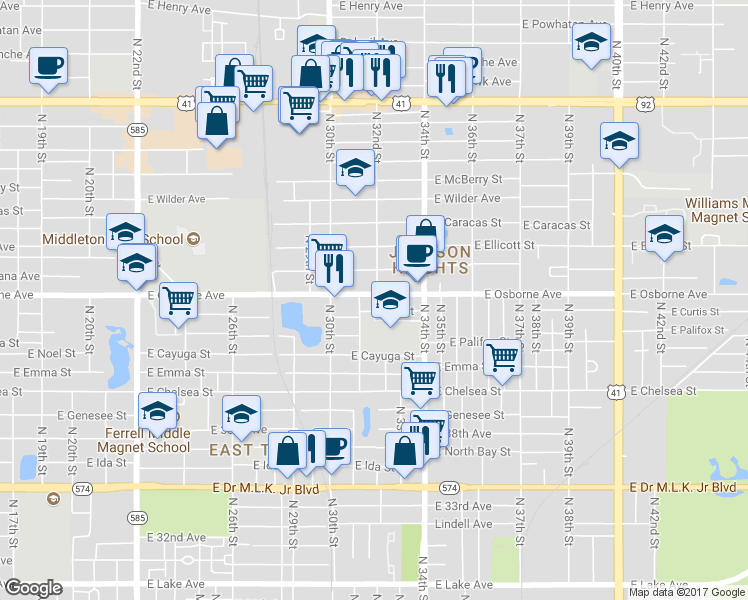map of restaurants, bars, coffee shops, grocery stores, and more near 3107 East Osborne Avenue in Tampa