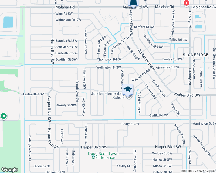 map of restaurants, bars, coffee shops, grocery stores, and more near 481 Tuloma Avenue Southwest in Palm Bay