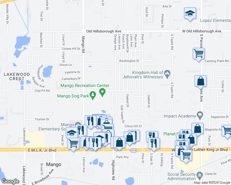 map of restaurants, bars, coffee shops, grocery stores, and more near 11903 Clay Pit Road in Seffner