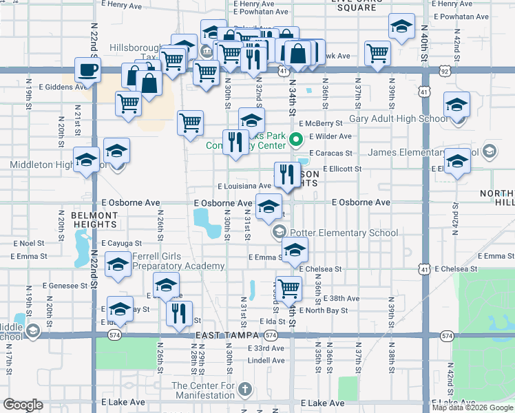 map of restaurants, bars, coffee shops, grocery stores, and more near 3107 East Osborne Avenue in Tampa