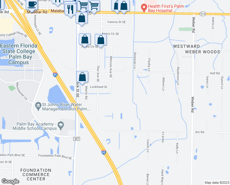 map of restaurants, bars, coffee shops, grocery stores, and more near 481 Mercury Avenue Southeast in Palm Bay