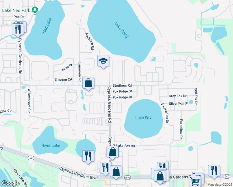 map of restaurants, bars, coffee shops, grocery stores, and more near 3406 Fox Ridge Street in Winter Haven