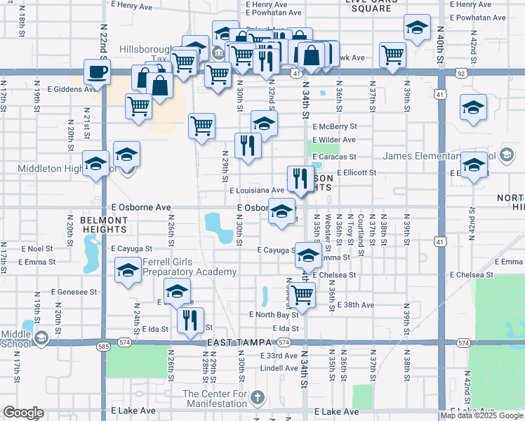 map of restaurants, bars, coffee shops, grocery stores, and more near 3101 East Osborne Avenue in Tampa
