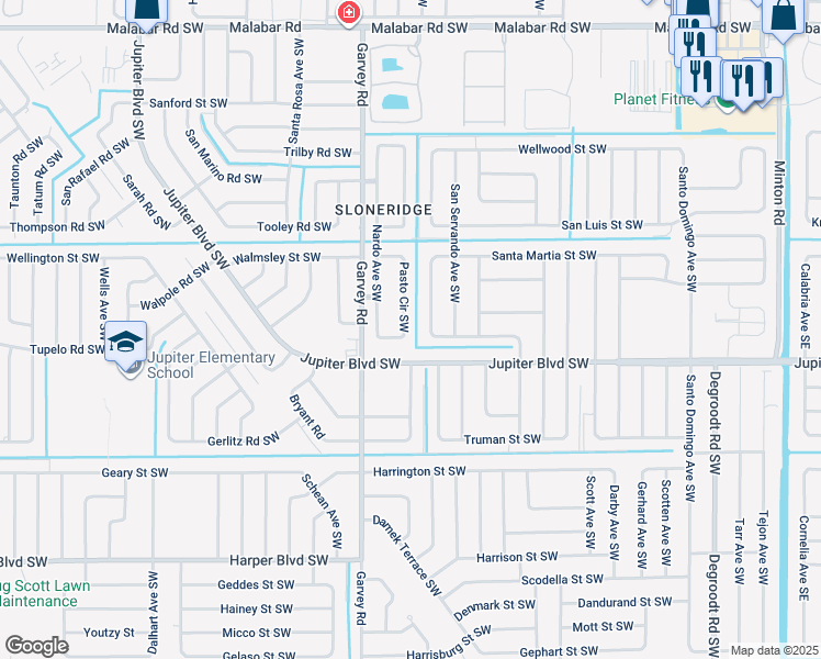 map of restaurants, bars, coffee shops, grocery stores, and more near 413 Pasto Circle Southwest in Palm Bay