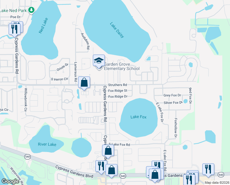 map of restaurants, bars, coffee shops, grocery stores, and more near 3406 Fox Ridge Street in Winter Haven