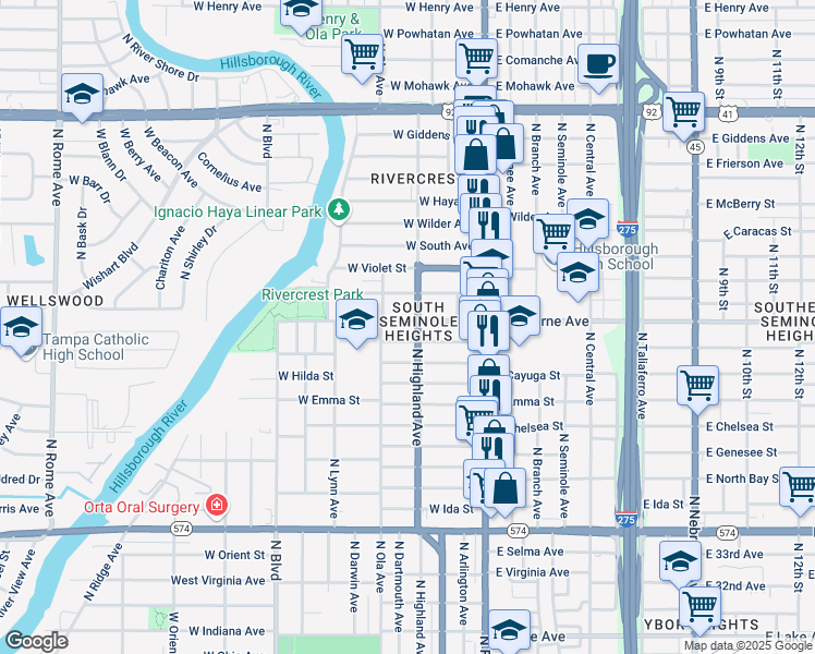 map of restaurants, bars, coffee shops, grocery stores, and more near 304 West Osborne Avenue in Tampa