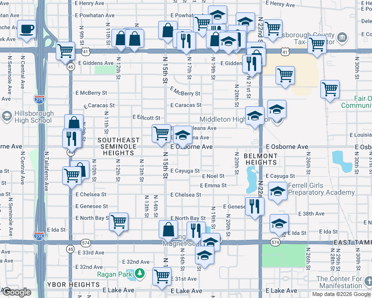 map of restaurants, bars, coffee shops, grocery stores, and more near 1611 East Osborne Avenue in Tampa