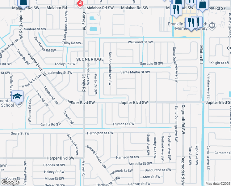 map of restaurants, bars, coffee shops, grocery stores, and more near 497 Wiltshire Avenue Southwest in Palm Bay