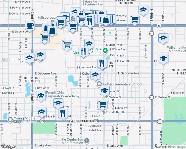 map of restaurants, bars, coffee shops, grocery stores, and more near 3101 East Osborne Avenue in Tampa