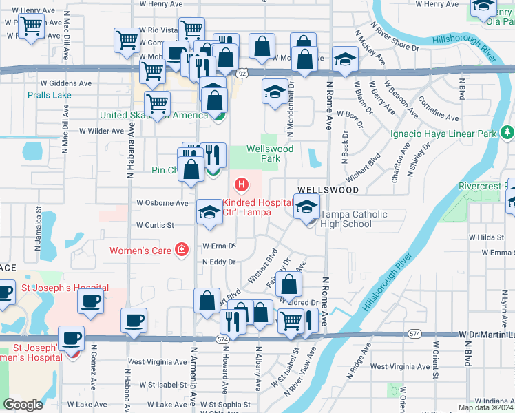 map of restaurants, bars, coffee shops, grocery stores, and more near 2105 West Dallas Avenue in Tampa