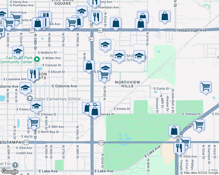 map of restaurants, bars, coffee shops, grocery stores, and more near 4209 East Osborne Avenue in Tampa