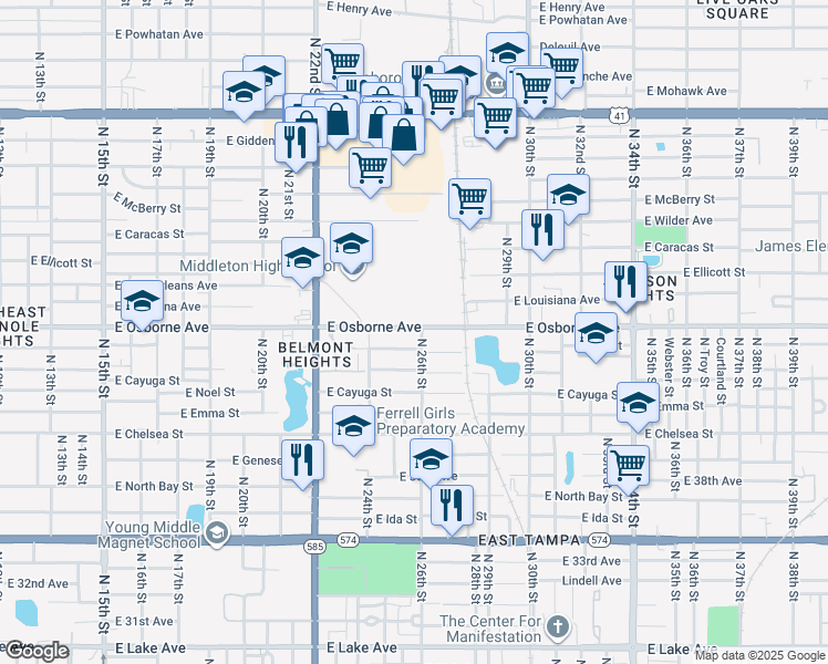map of restaurants, bars, coffee shops, grocery stores, and more near 2509 East Osborne Avenue in Tampa