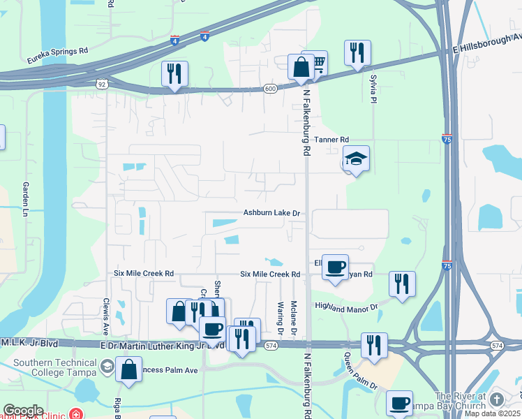 map of restaurants, bars, coffee shops, grocery stores, and more near 9932 Ashburn Lake Drive in Tampa