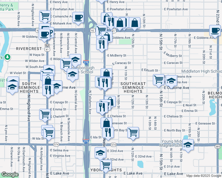 map of restaurants, bars, coffee shops, grocery stores, and more near 905 East Osborne Avenue in Tampa