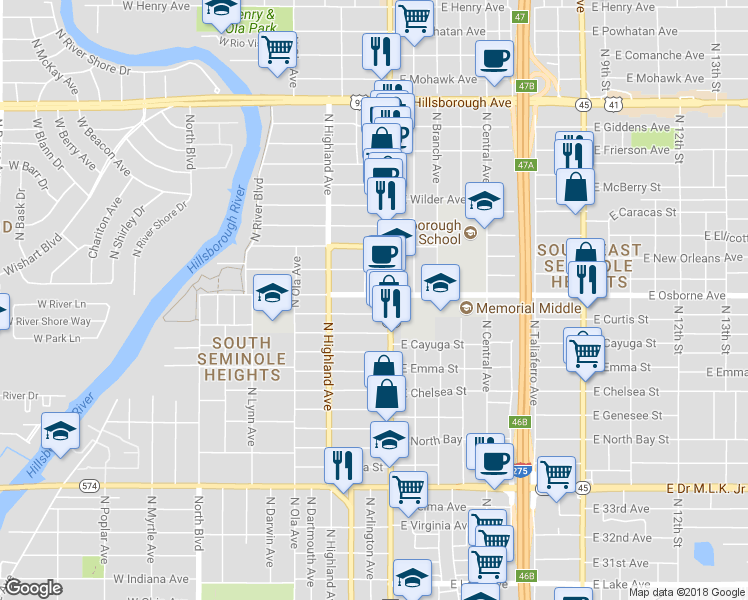 map of restaurants, bars, coffee shops, grocery stores, and more near 4710 North Florida Avenue in Tampa