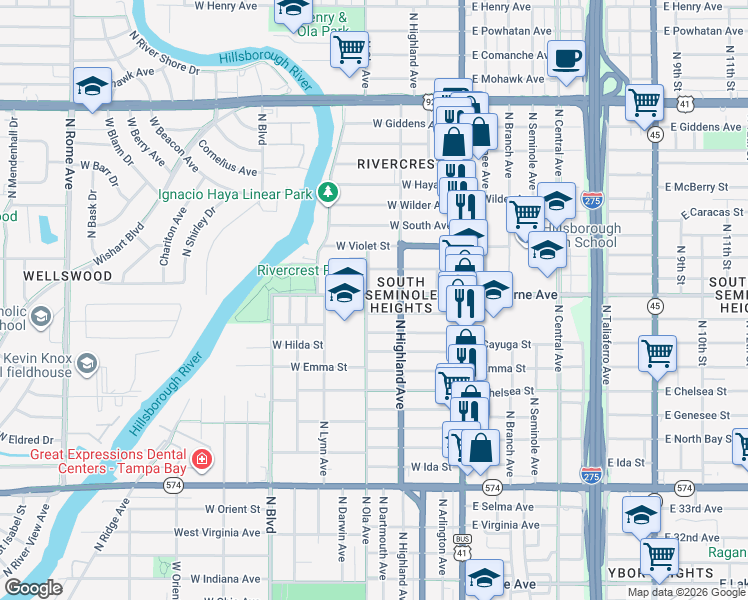 map of restaurants, bars, coffee shops, grocery stores, and more near 304 West Osborne Avenue in Tampa
