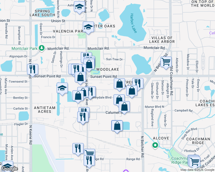 map of restaurants, bars, coffee shops, grocery stores, and more near 2095 Sunset Point Road in Clearwater