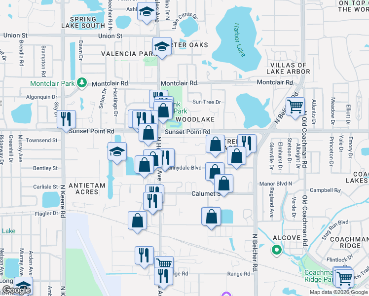 map of restaurants, bars, coffee shops, grocery stores, and more near 2095 Sunset Point Road in Clearwater