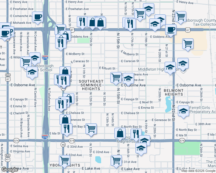 map of restaurants, bars, coffee shops, grocery stores, and more near 1305 East Osborne Avenue in Tampa