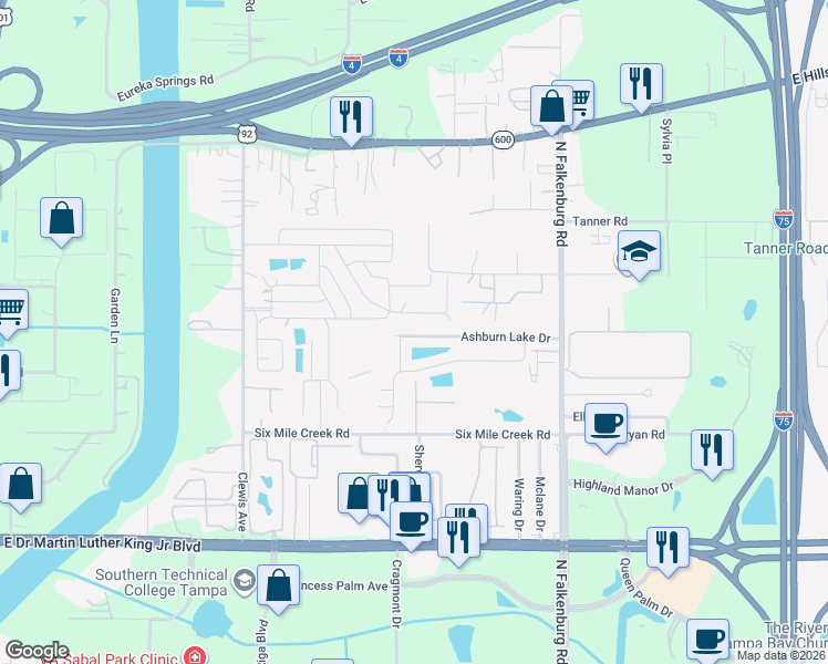 map of restaurants, bars, coffee shops, grocery stores, and more near 9824 Ashburn Lake Drive in Tampa