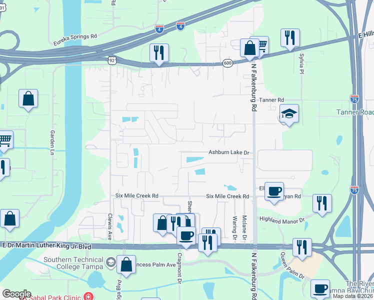 map of restaurants, bars, coffee shops, grocery stores, and more near 9824 Ashburn Lake Drive in Tampa