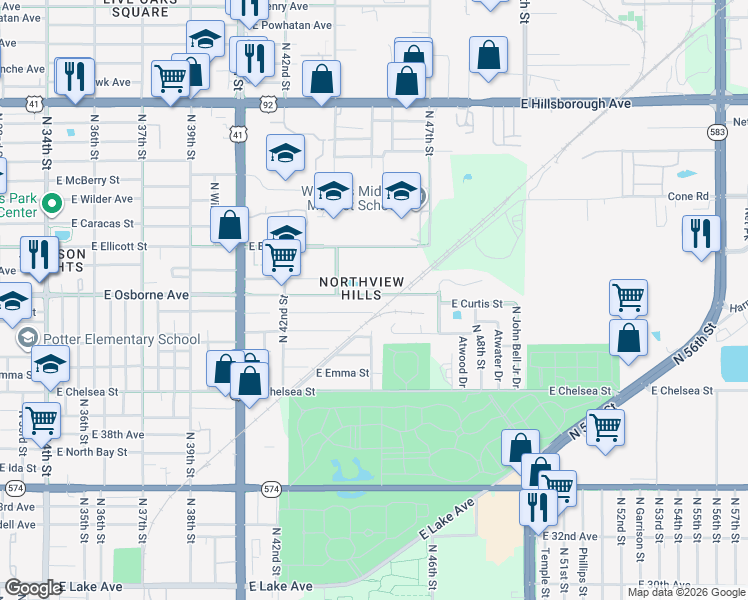 map of restaurants, bars, coffee shops, grocery stores, and more near in Tampa