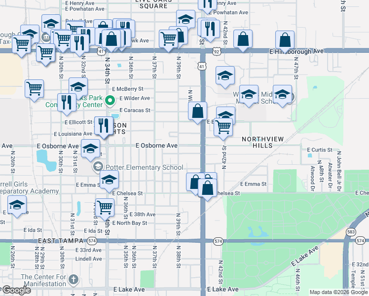 map of restaurants, bars, coffee shops, grocery stores, and more near in Tampa