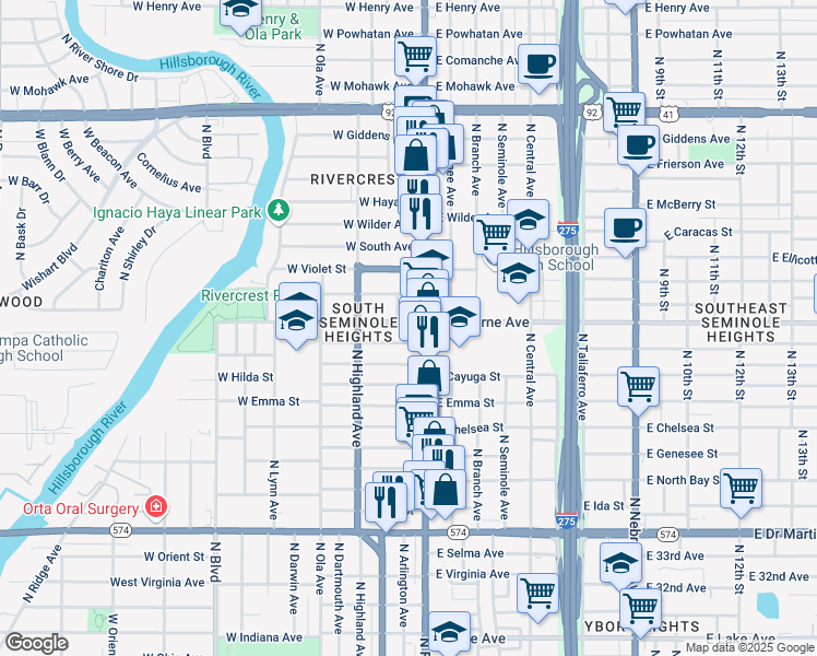 map of restaurants, bars, coffee shops, grocery stores, and more near 104 West Osborne Avenue in Tampa