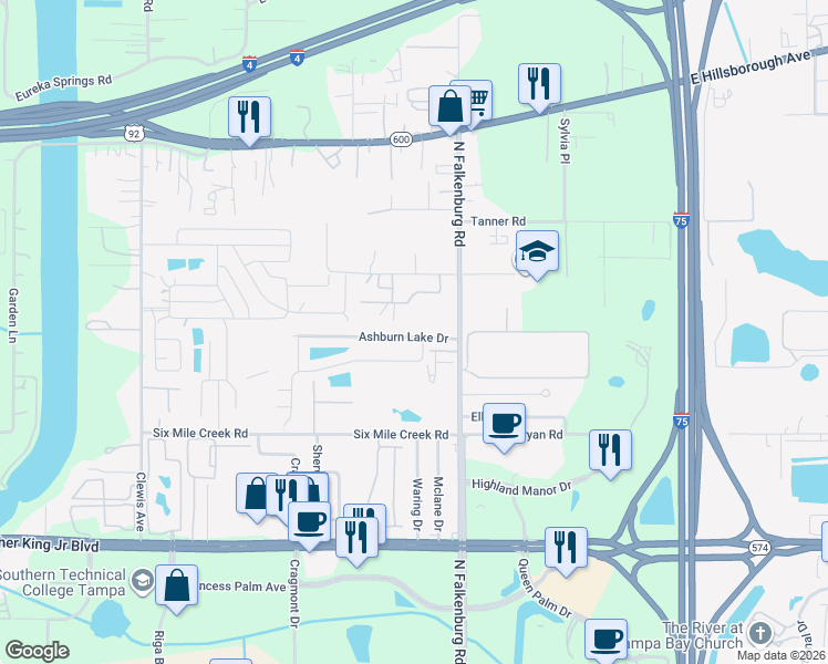 map of restaurants, bars, coffee shops, grocery stores, and more near 9964 Ashburn Lake Drive in Tampa