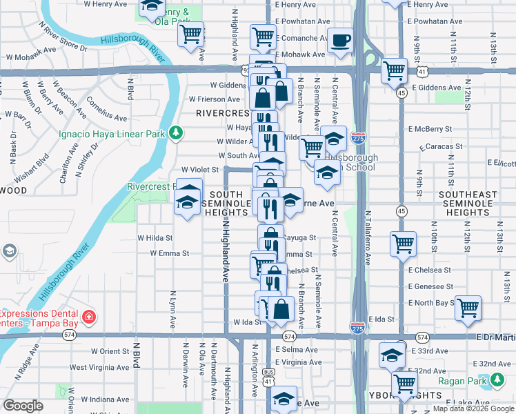 map of restaurants, bars, coffee shops, grocery stores, and more near 4710 North Florida Avenue in Tampa