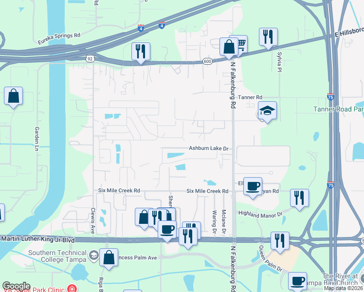 map of restaurants, bars, coffee shops, grocery stores, and more near 9862 Ashburn Lake Drive in Tampa