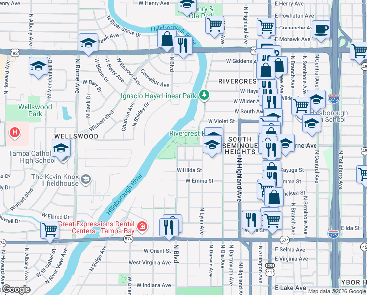 map of restaurants, bars, coffee shops, grocery stores, and more near 602 West Osborne Avenue in Tampa