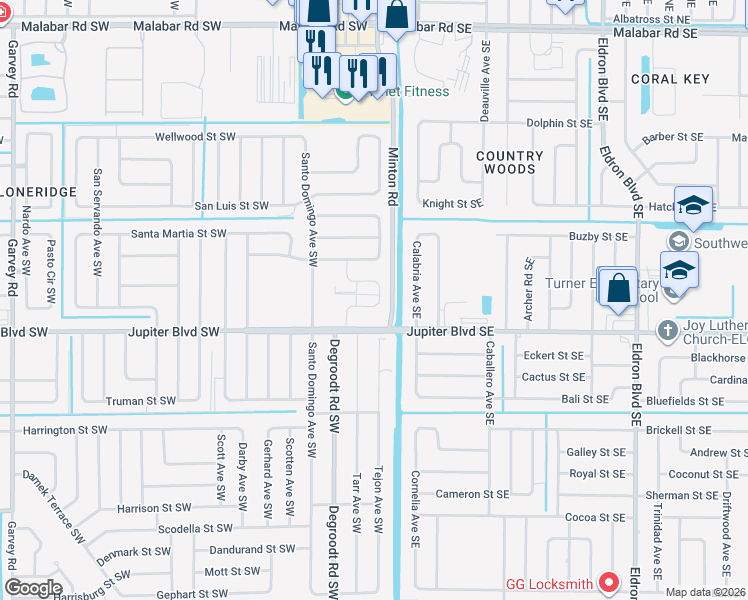 map of restaurants, bars, coffee shops, grocery stores, and more near 460 Ward Road Southwest in Palm Bay