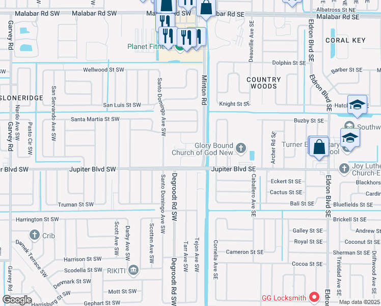 map of restaurants, bars, coffee shops, grocery stores, and more near 460 Ward Road Southwest in Palm Bay