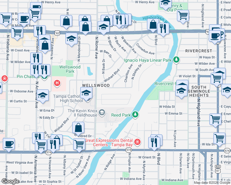 map of restaurants, bars, coffee shops, grocery stores, and more near 1525 West River Lane in Tampa