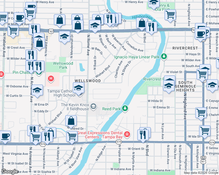 map of restaurants, bars, coffee shops, grocery stores, and more near 1525 W River Ln in Tampa